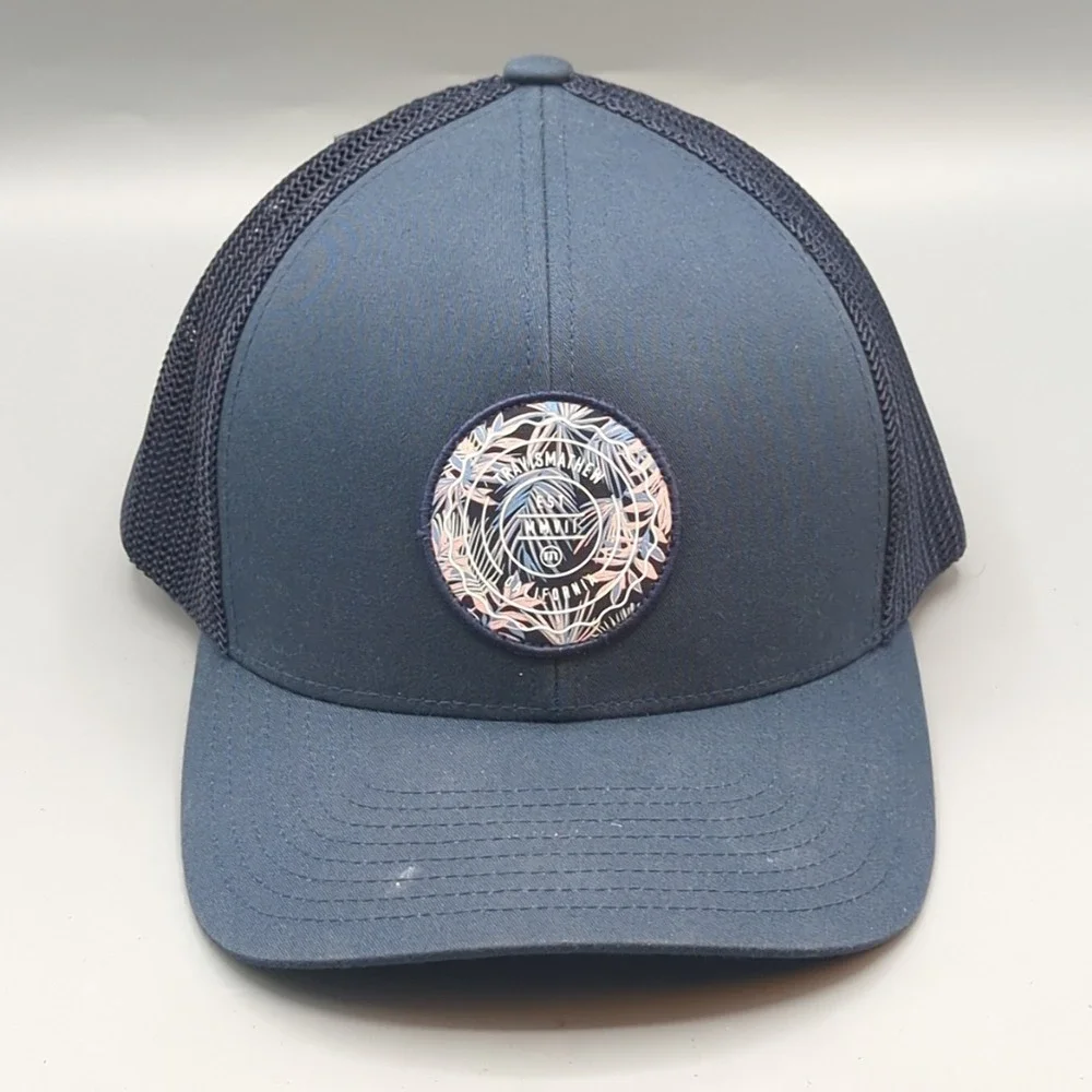 TravisMathew Baseball Cap Hat Navy Blue Palm Tree Patch Flexfit 110 Adjustable